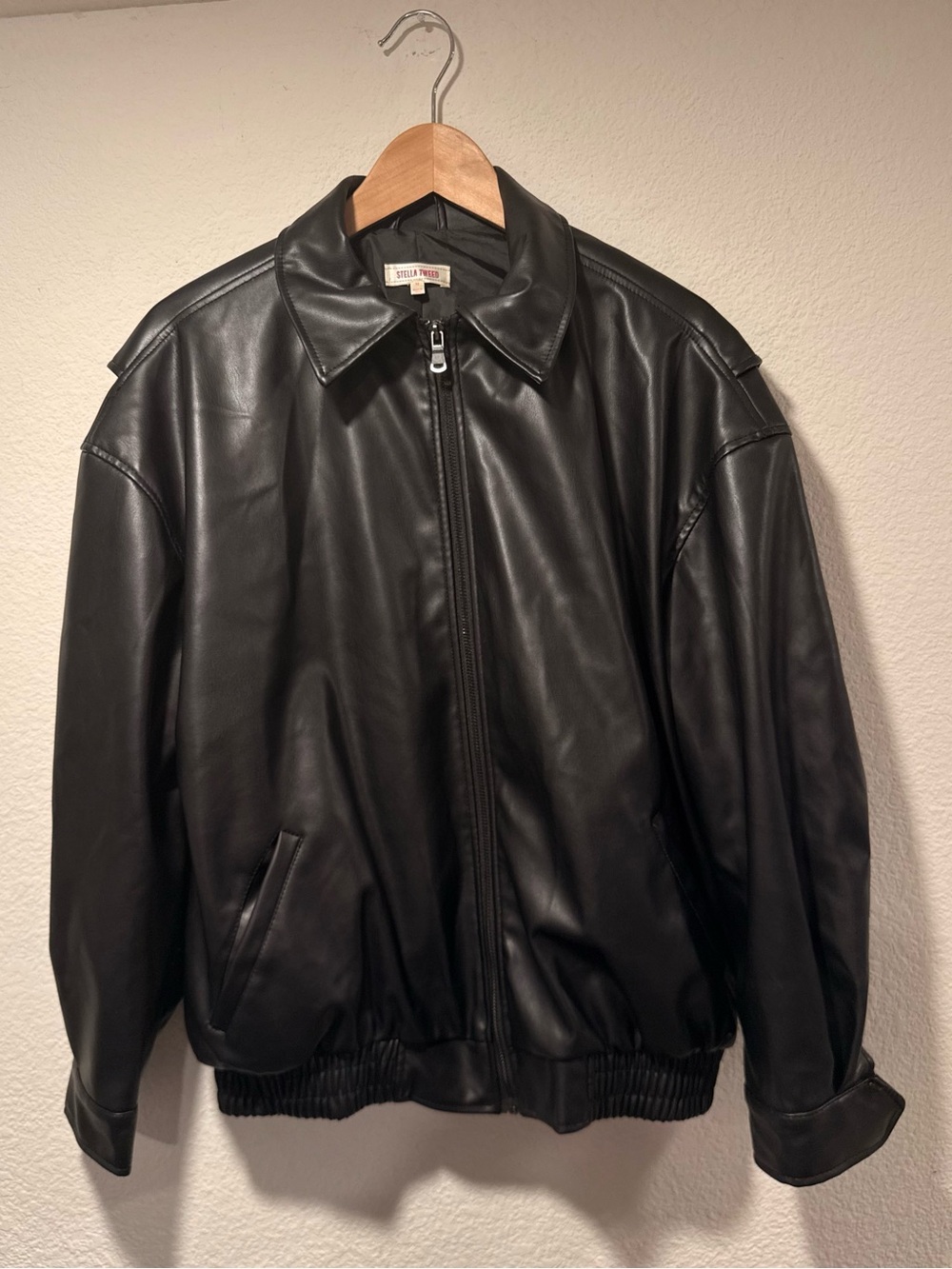 STELLA TWEED  Black Faux Leather Oversized Bomber Jacket